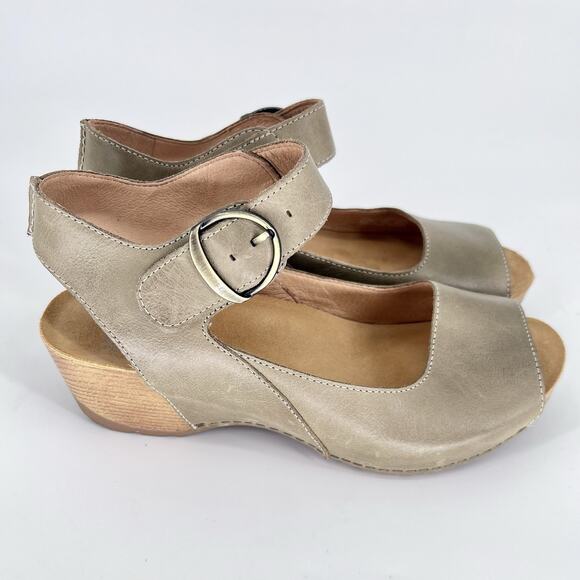 Dansko Burnished Khaki Green Calf Leather Sz 41 (US 9.5-10) Wedge Sandals Tiana - Picture 2 of 14